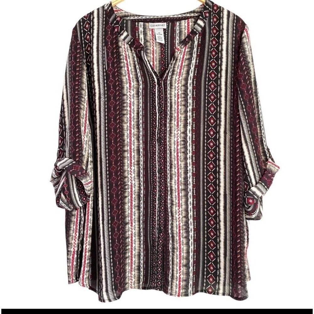 Catherine's Women's 2X Blouse Striped Button Down Roll Tab‎ Sleeves Lightweight